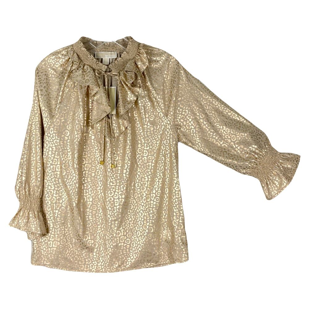 NWT MICHAEL KORS Top S Gold Geo Dots Ruffle Bow-Tie Balloon-Flounce-Long-Sleeve - Picture 1 of 16